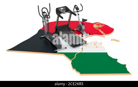 Sport clubs in Kuwait. Fitness, exercise equipments on Kuwait map. 3D rendering isolated on white background Stock Photo