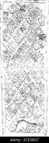 . An introduction to the study of the Maya hieroglyphs . Ahau, seen in figure 16, h,i. This cartouche is clasped by the left arm of another anthropo-morphic figure, the day coefficient, the head of which is the skull,denoting the niuneral 10. Note the fleshless lower jaw of this headand compare it with the same element ui figure 52, m-r. This glyphA4 records, therefore, the day reached by the Initial Series, 10 Ahau. The position of the month glyph in this text is most unusual.Passing over B4, the first glyph of the Supplementary Series, themonth glyph follows it immediately iu A5. The month c Stock Photo