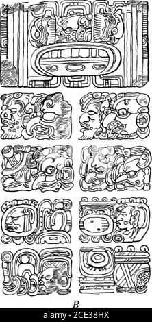 . An introduction to the study of the Maya hieroglyphs . A Fig. 69. Initial Series showing head-variant numerals and period glyphs; A, House C of the PalaceGroup at Palenque; B, Stela P at Copan. cycles, the nmnber almost always foimd in Initial Series as the cyclecoefficient. The essential element of the katun coefficient in A2a isthe forehead ornament composed of a single part. This denotes thehead for 8 (see p. 100, and fig. 52, a-f; also compare A2a with the headsdenoting IS in the two preceding examples, pi. 12, A. Al, and pi. 12,B,A4, each of which shows the same forehead ornament). The Stock Photo