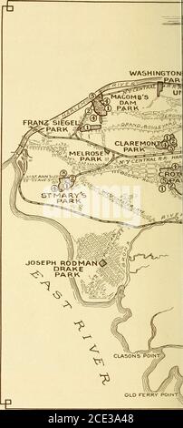 . Parks and parkways in the Borough of the Bronx, New York City . er Donck House (1650). 15 Site of Van Cortlandt Saw and Grist Mills. 16 Indian Field, scene of battle between Britishcavalry and party of Indian allies of patriots. Macombs Dam Park. 1 Bandstand. 2 Athletic Field. 3 Playgrounds. 4 Comfort Stations. 5 Site of the old Macomb Dam. Franz Sigel Park.1 Comfort Station. Saint Marys Park. Morris Mansion containing Comfort Station. Playgrounds. Bandstand. School Farms. Claremont Park, Com fort iStation. Zbrowski Mansion containing the offices of the Park Department of The Bronx. Band Sta Stock Photo