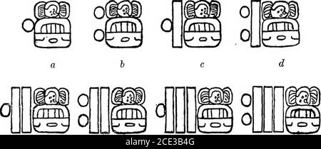 . An introduction to the study of the Maya hieroglyphs . Fig. 41. Examples of bar and dot nxuneral 5, showing the ornamentation which the bar underwentwithout affecting its numerical value. places where these numbers (1, 2, 6, 7, 11, 12, 16, and 17) had to berecorded, other elements of a purely ornamental character wereintroduced to fill the empty spaces. In figure 43, a, c, e, g, the spaceson each side of the single dot have been filled with ornamental cres- % BtrREAtJ Of AMERICAN BTHNCLOGY [bcll. 37 cents about the size of the dot, and these give the glyph in each case afinal touch of balanc Stock Photo