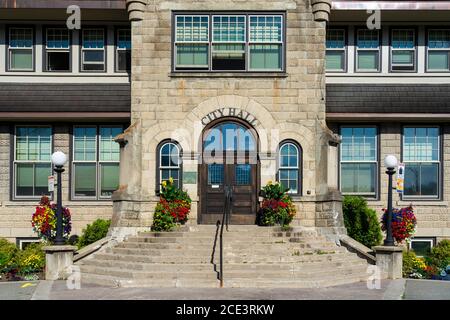 The City Hall building with flowers in Fernie, British Columbia, Canada. Stock Photo