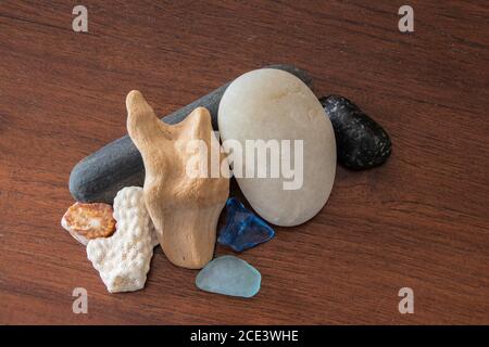 Still life - Treasures from the seashore arranged on a wood table Stock Photo