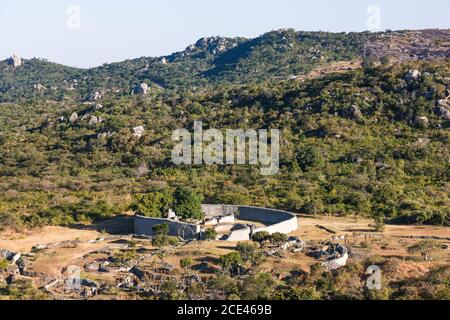 Great Zimbabwe ruins, the Great Enclosure, distant view from the Acropolis, ancient capital of Bantu civilization, Masvingo Province, Zimbabwe, Africa Stock Photo