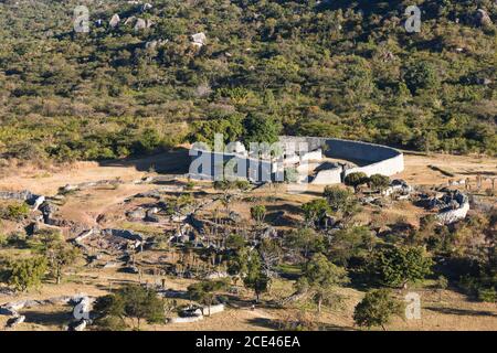 Great Zimbabwe ruins, the Great Enclosure, distant view from the Acropolis, ancient capital of Bantu civilization, Masvingo Province, Zimbabwe, Africa Stock Photo