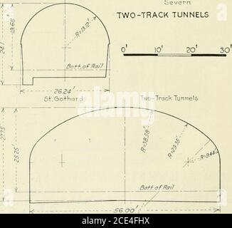 . Shield and compressed air tunneling . K  29:0 - - Roqers Pass [^ 2G-o- &gt;^ Severn TWO-TRACK TUNNELS. S6.00?: &gt;^ Bergen Hill, Erie R.R.- Four-Track TunnelFOUR-TRACK TUNNEL 0 10 20 30 Fig. 11.—Cross sections of railroad tunnels—two- and four-track. SIZE AXD SHAPE OF TUNNELS 59 ft. and for three lines of traffic the width should be 28 ft. Fur-ther it has been concluded that the overhead clearance should be13 ft. 6 in. These dimensions, however, are local and depend on Stock Photo