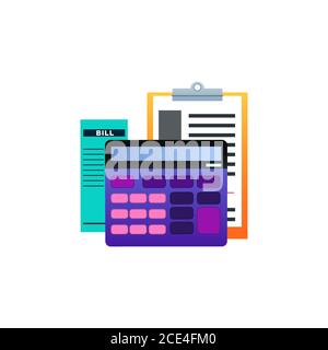 Bookkeeping Vector isolated icon in flat design Calculator, documents and bills on white backdrop Stock Vector