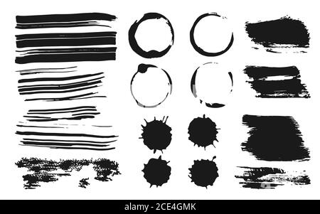 Set of ink brush strokes, splashes and drops. Abstract coffee circles of paint. Stains grunge splatter textures. Silhouette elements for digital brushes. Banner text box. Isolated vector illustration Stock Vector