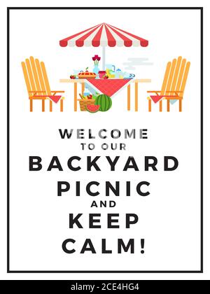 Summer picnic illustration, wooden table and chairs under the awning vector flat icon isolated Stock Vector