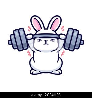 Gym bunny, cute cartoon white rabbit lifting heavy barbell. Funny fitness and exercise drawing, isolated vector illustration. Stock Vector