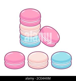 Cartoon Macaron cookies: pink, blue and white. Traditional French sweet dessert drawing. Cute hand drawn vector illustration. Stock Vector