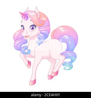 Pretty pink baby unicorn with colorful curly mane. Vector illustration. Stock Vector