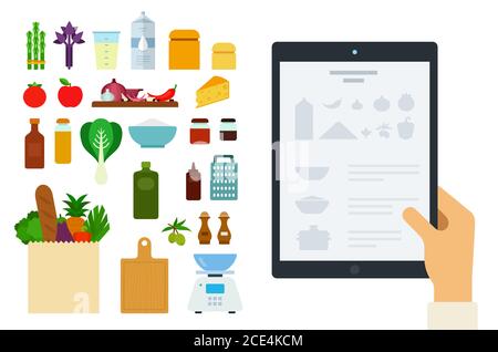 Vector image of a tablet with an online recipe and ingredients illustration in a flat design. Stock Vector