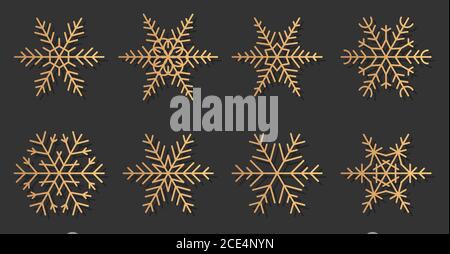 Gold snowflakes elegant silhouettes icons set. Great for decoration banner Merry Christmas and Happy New Year. Trendy golden gradient different shapes of snow. Isolated on dark vector illustration Stock Vector