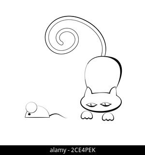 A stylized cat in front of the jump and the mouse. A black-and-white outline image on a white isolated background. Vector illustration Stock Vector