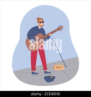 Young blind man in dark glasses plays the guitar Stock Vector