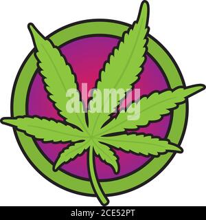 Cannabis or marijuana leaf vector design. Detailed bold outline illustration of cannabis leaf on psychedelic purple background. Stock Vector