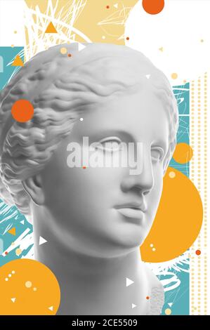 Fashion art collage with plaster antique sculpture of Venus face in a pop art style. Creative vogue concept image in contemporar Stock Photo
