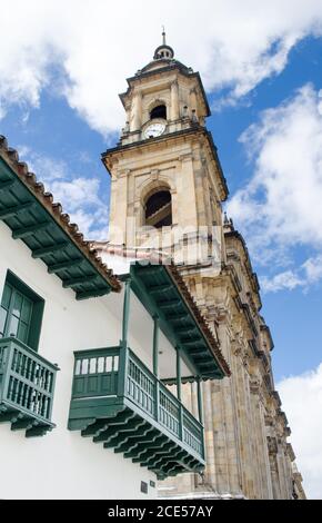 View of the Candelaria Church and the Independence Museum or Casa del Florero in Bogota at the historic centre of Bogota Stock Photo