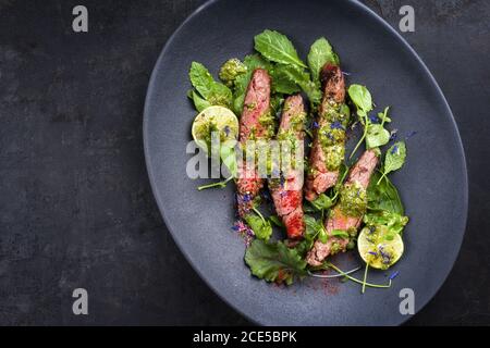 Barbecue wagyu hanging tender steak with chili Stock Photo