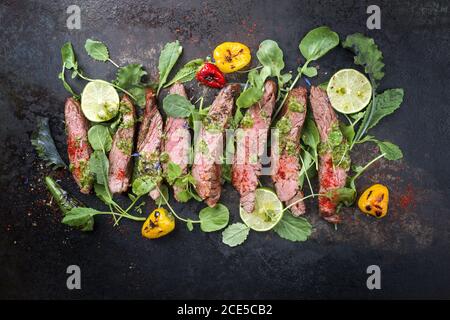 Barbecue wagyu hanging tender steak with chili Stock Photo