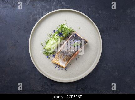 Minimalistic design salmon fish filet glazed with avocado and wasabi creme in a sliced cucumber as top view on a modern design p Stock Photo