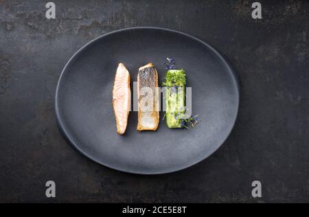 Minimalistic design salmon fish filet glazed with avocado and wasabi creme in a sliced cucumber as top view on a modern design p Stock Photo