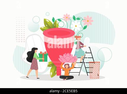Menstrual period feminine hygiene tampons, sanitary pads and menstrual cup, flat vector illustration Stock Vector
