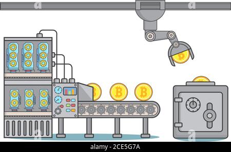 Bitcoin factory concept vector illustration in linear style Stock Vector