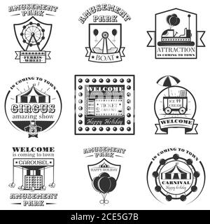 Vector set of amuesment park labels and design elements in vintage style. Black and white amusement park symbols, logos, bages and design element Stock Vector