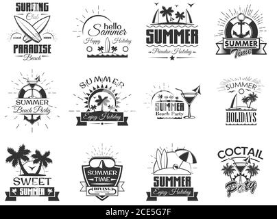 Vector set of summer season labels in vintage style. Design elements, icons, logo. Summer camp, beach holidays, tropical sea vacations. - stock vector Stock Vector
