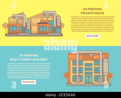 House 3D printing concept vector horizontal banner set Stock Vector