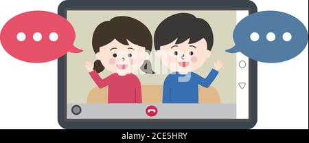 Children with speech bubbles sitting on the sofa and having video call on tablet or laptop. Vector illustration isolated on white background. Stock Vector