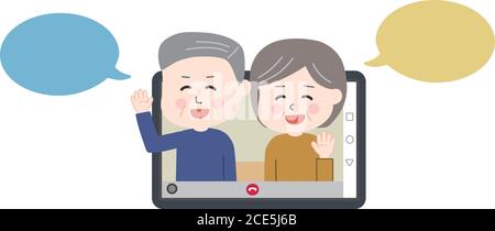 Elderly couple with speech bubbles sitting on the sofa and having video call on tablet or laptop. Vector illustration isolated on white background. Stock Vector