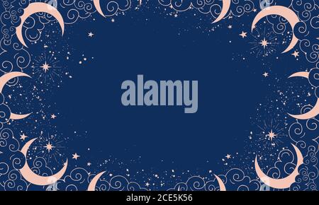 Magical blue background with moon and crescent moon, place for text. Astrological banner with stars, cosmic pattern for boho design, astrology. Doodle vector illustration Stock Vector