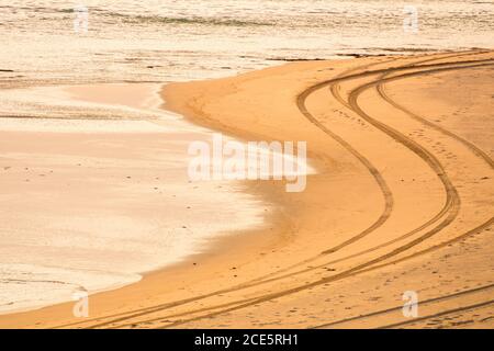 Tire tracks on the beach Stock Photo