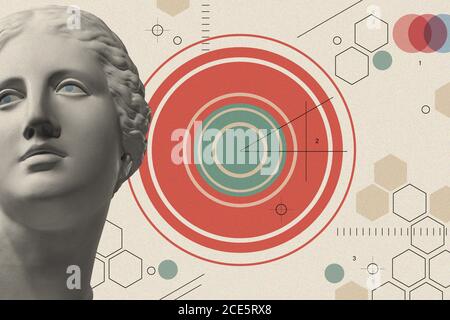 Art collage with antique sculpture of Venus face and numbers, geometric shapes. Beauty, fashion and health theme. Science, resea Stock Photo