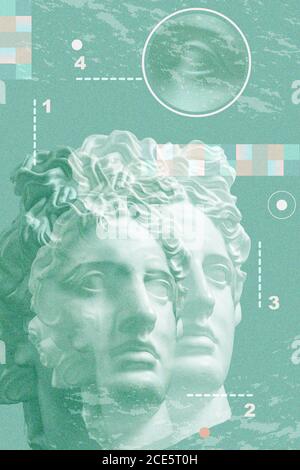 Art collage with antique sculpture of Apollo face and numbers, geometric shapes. Beauty, fashion and health theme. Science, rese Stock Photo