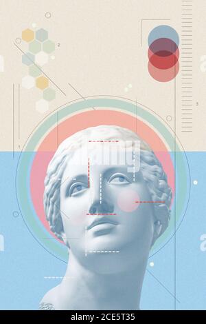 Art collage with antique sculpture of Venus face and numbers, geometric shapes. Beauty, fashion and health theme. Science, resea Stock Photo