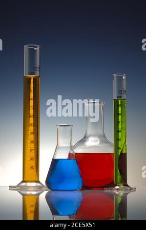 colorful liquid in laboratory glassware Stock Photo