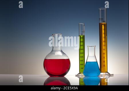 colorful liquid in laboratory glassware Stock Photo