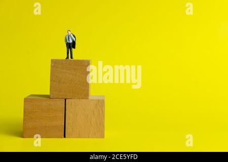 Miniature people concept - a desperate businessman standing on wood block thinking for solution