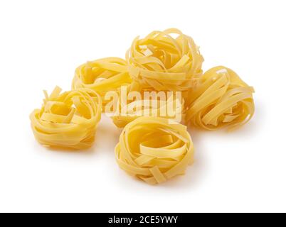 Shooting Tagliatelle placed on a white background from an angle Stock Photo