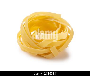 Shooting Tagliatelle placed on a white background from an angle Stock Photo