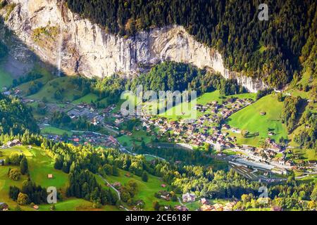 Lauterbrunnen valley aerial view in Swiss Alps, Switzerland Stock Photo