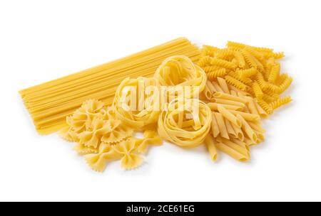 Shooting several types of pasta placed on a white background from an angle Stock Photo