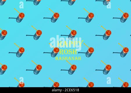 Seamless pattern Jar with honey and shadow on a blue background. The concept of the Rosh Hashanah holiday - the Jewish New Year. Inscription Happy Ros Stock Photo