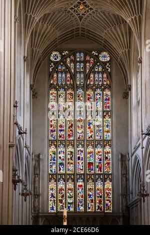 Abbey Church of St. Peter and St. Paul. Bath Abbey, England. Stained glass East end Nave, Altar Window, interior view. Active Anglican Parish Church. Stock Photo