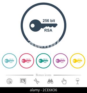 256 bit rsa encryption flat color icons in round outlines. 6 bonus icons included. Stock Vector