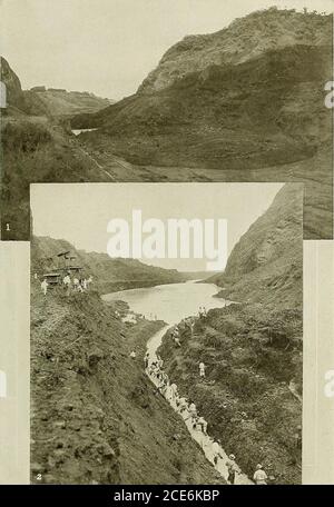 . History of the Panama canal; its construction and builders . Looking south past Cucaracha slide, December9, 1913.Nine days later, looking north.. 1. How Cucaracha slide came down many times a year and bottled up the south end of Culebra Cut. 2. Laborers trying to lead a stream of Gatun Lake water through the slide and down to Pedro Miguel. PROTECTION OF THE CANAL 237 plantations, were provided for in Febru-ary, 1909, but these leases have since beenrevoked, owing to the determination of thegovernment to clear the zone of all occu-pants save those employed in the controlor supervision of the Stock Photo